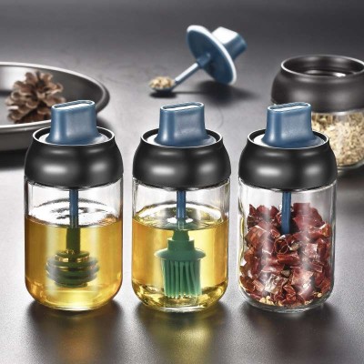 Spice Jar Spoon Sealed Seasoning Bottle PP+Silicone+Soda Glass Kitchen Seasoning Jar Spoon Lid One-Piece Brush Honey Bottle